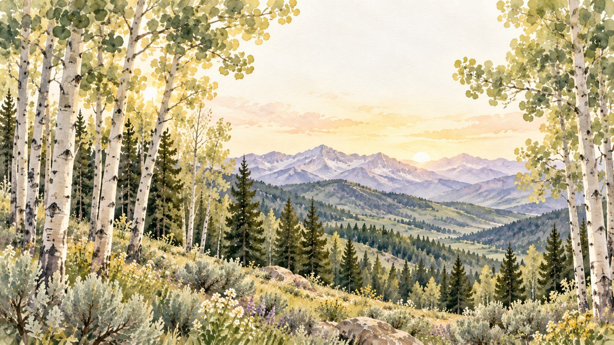 Watercolor painting of an aspen stand looking out over the valley