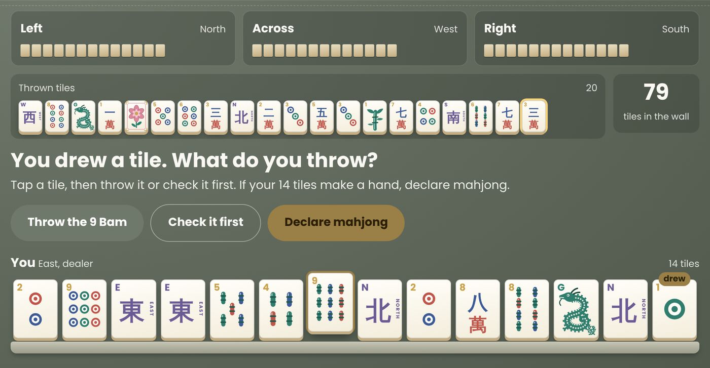 The Game Table in the middle of a game: three computer players across the top, a row of thrown tiles, and your rack of 14 tiles with one chosen to throw