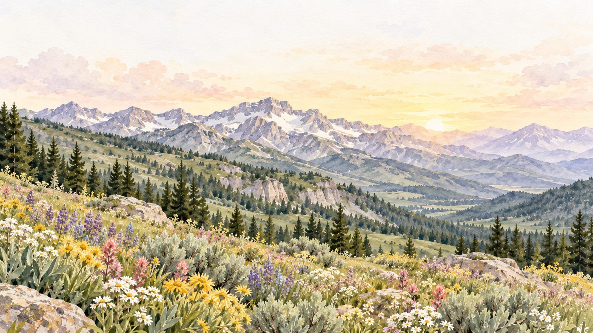 Watercolor painting of a wildflower meadow below the peaks