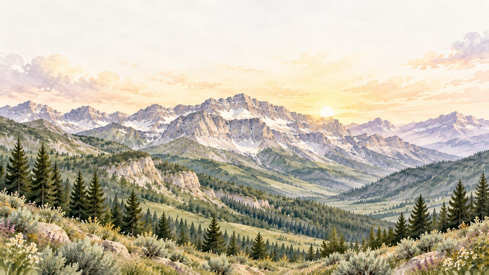 Watercolor painting of the mountains at sunrise
