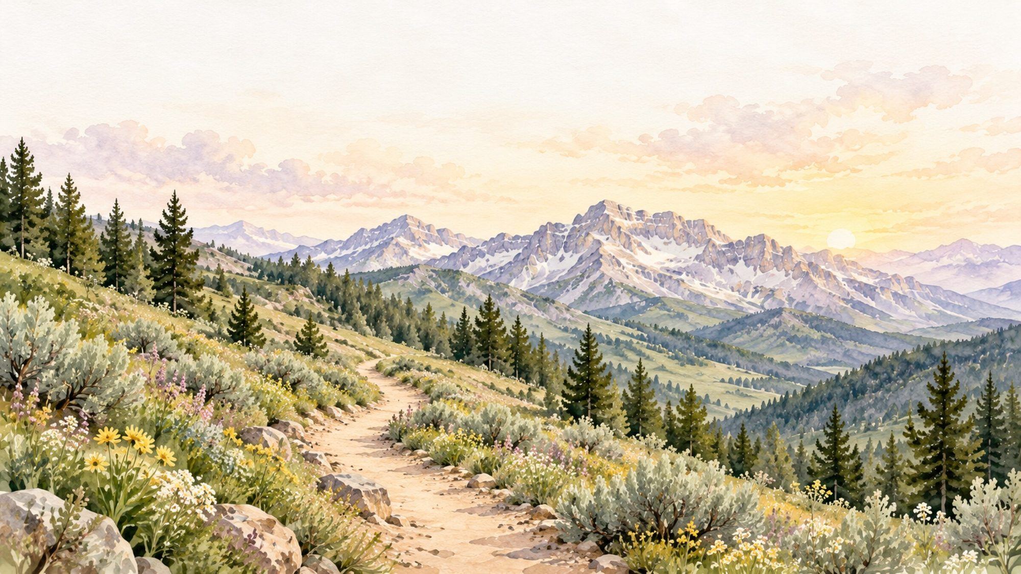 Watercolor painting of a mountain trail through wildflowers