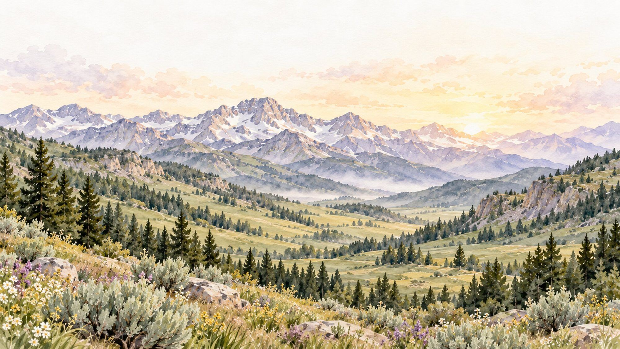 Watercolor painting of a mountain valley